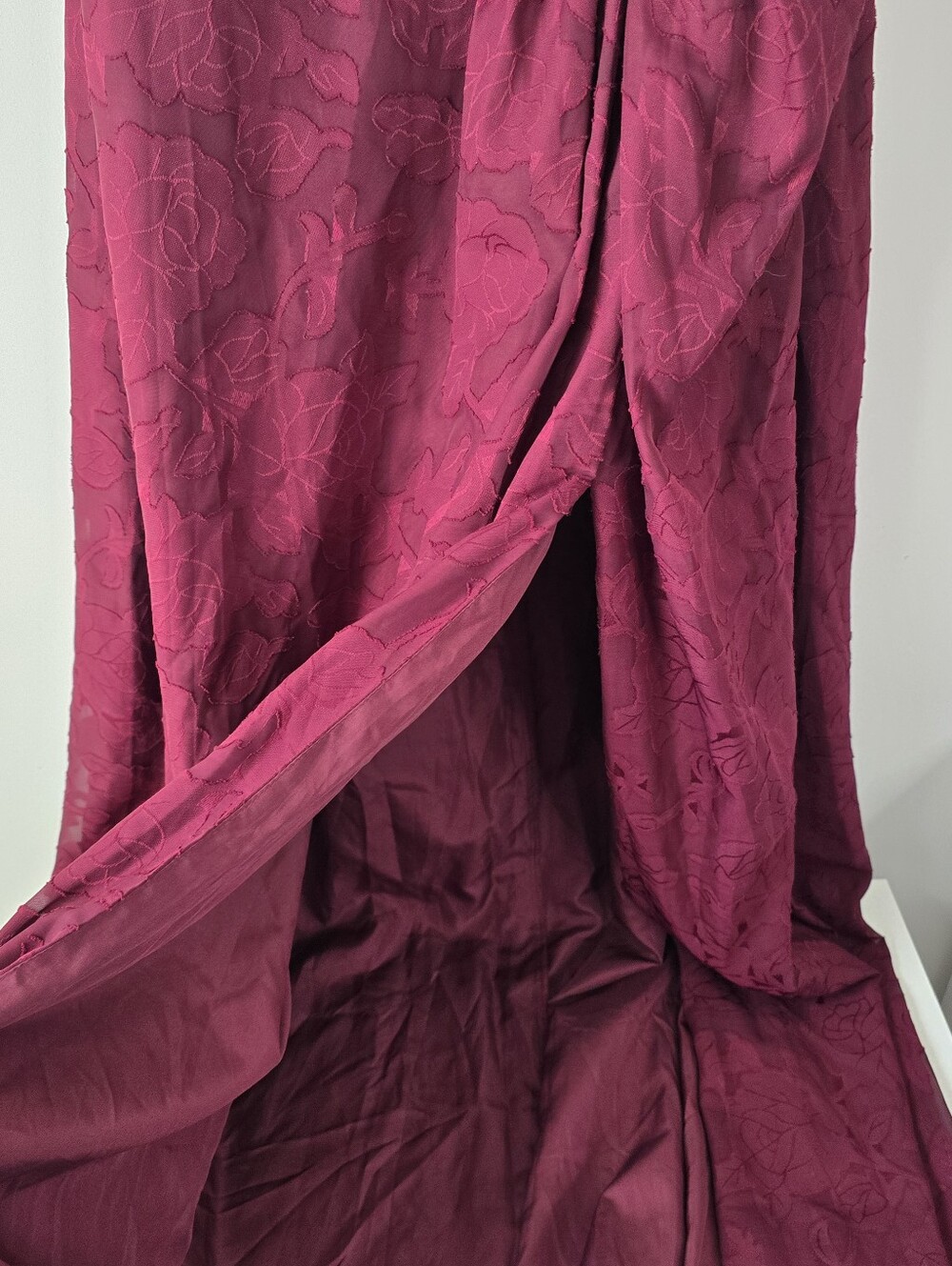 Azazie Atelier Hermosa Wine One Shoulder Maxi Dress 6 Floral Burnout Side Slit - Picture 6 of 14
